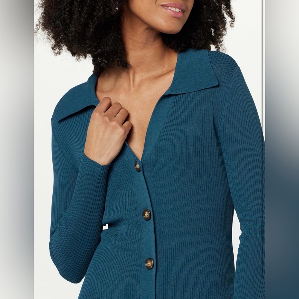 Teal Button-Up Ribbed Women Top - Picture 2 of 10